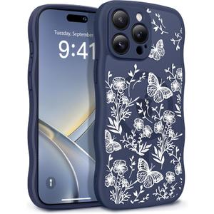 GVIEWIN for iPhone 15 Pro Case Compatible with MagSafe [Curly Wave Edge][Full Camera Protection] Floral Translucent Shockproof Magnetic Women Phone Case for iPhone 15 Pro 6.1'', Tuberose/Blue