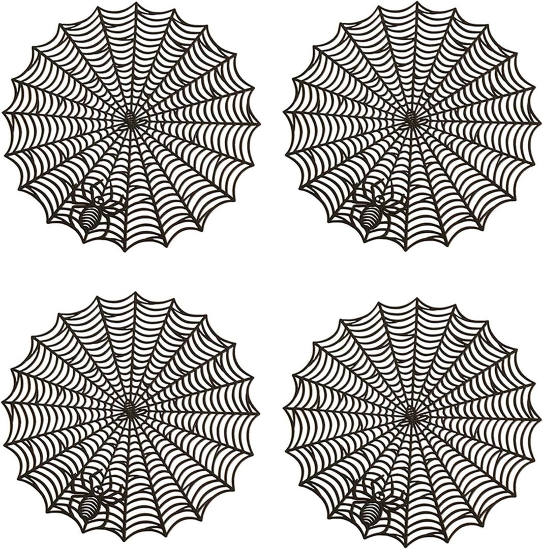 Halloween Spider Web Placemats Set of 4,15" Non Slip Heat Insulation Table Place Mats,Black Dinner Place Mats Spider Web Table Decoration Halloween Decorations