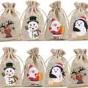 CCINEE 36pc Christmas Linen Bags with Drawstrings Christmas Burlap Goody Gift Bags with Double Jute Drawstrings, 4 designs Snowman, Santa Claus, Penguin and Reindeer
