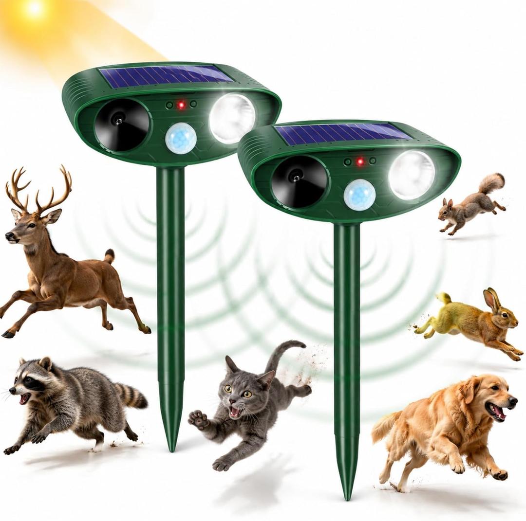 2 Pcs Upgraded Sonic Deer Repellent Devices,Solar Ultrasonic Animal Repellent Outdoor for Racoons,Squirrels,Cats,Rabbits &Foxes,Waterproof Flashing Light Motion Sensor Animal Deterrent for Garden Yard