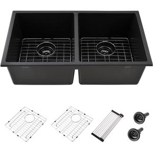 32 Inch Black Kitchen Sink Undermount-iAnomla 32x18 Black Quartz Undermount Kitchen Sink Double Bowl 50/50 Composite Deep Double Under Mount Sinks with Accessories