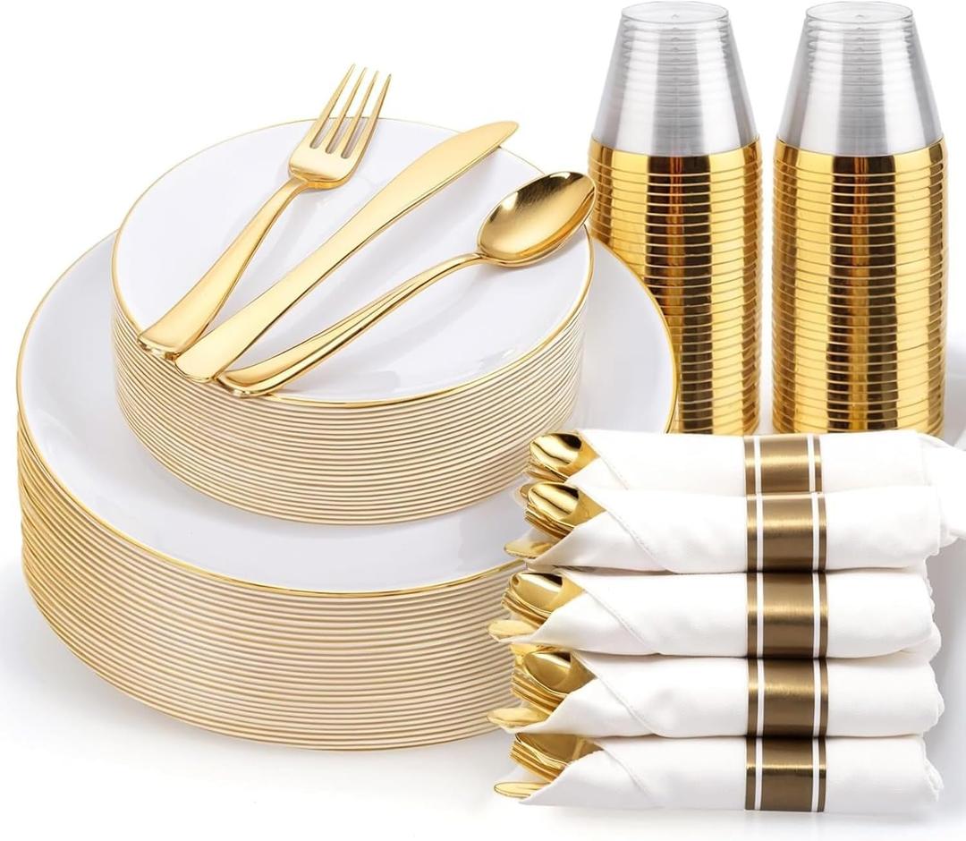 KIRE 175PCS Gold Plates Disposable - Heavy Duty White and Gold Plastic Plates Dinnerware Sets - 25 for Dinner 25 for Dessert 25 Pre Rolled Napkins and 25 Cups for Birthday/Valentine's Day/Wedding