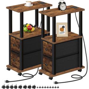 TUTOTAK Small Narrow End Tables, Side Tables with 2 Fabric Drawers, Set of 2, Bedside Tables with Charging Station for Small Spaces, Slim Nightstands with USB Ports and Wheels, TB01BB053C