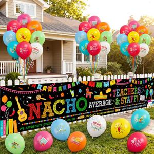 Moukeren Teacher Appreciation Decorations Nacho Average Teacher Banner with 24 Balloons Thank You Staff Yard Sign Cinco De Mayo Party Supplies for Indoor Outdoor School Office Gift