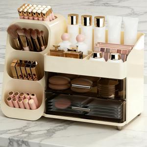 Large Makeup Organizer with Drawers, Spacious Cosmetics Display Case with Brush Holder for Vanity, Skin Care Storage Solution for Lipstick Eyeshadow Palettes Beauty Essential Bathroom