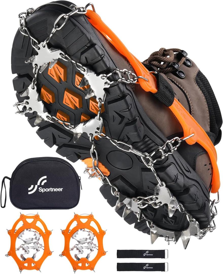Sportneer Crampons Ice Cleats for Shoes and Boots with 28 Spikes - Traction Slip-on Stretch Footwear for Walking and Shoveling on Ice and Snow (Medium, Orange)