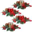 Ceenna Set of 8 Christmas Candle Rings Wreaths Pine Cones Garland Red Berry Poinsettia Pine Garland Candle Ring Holder for Christmas Wedding Home Table Centerpiece Party