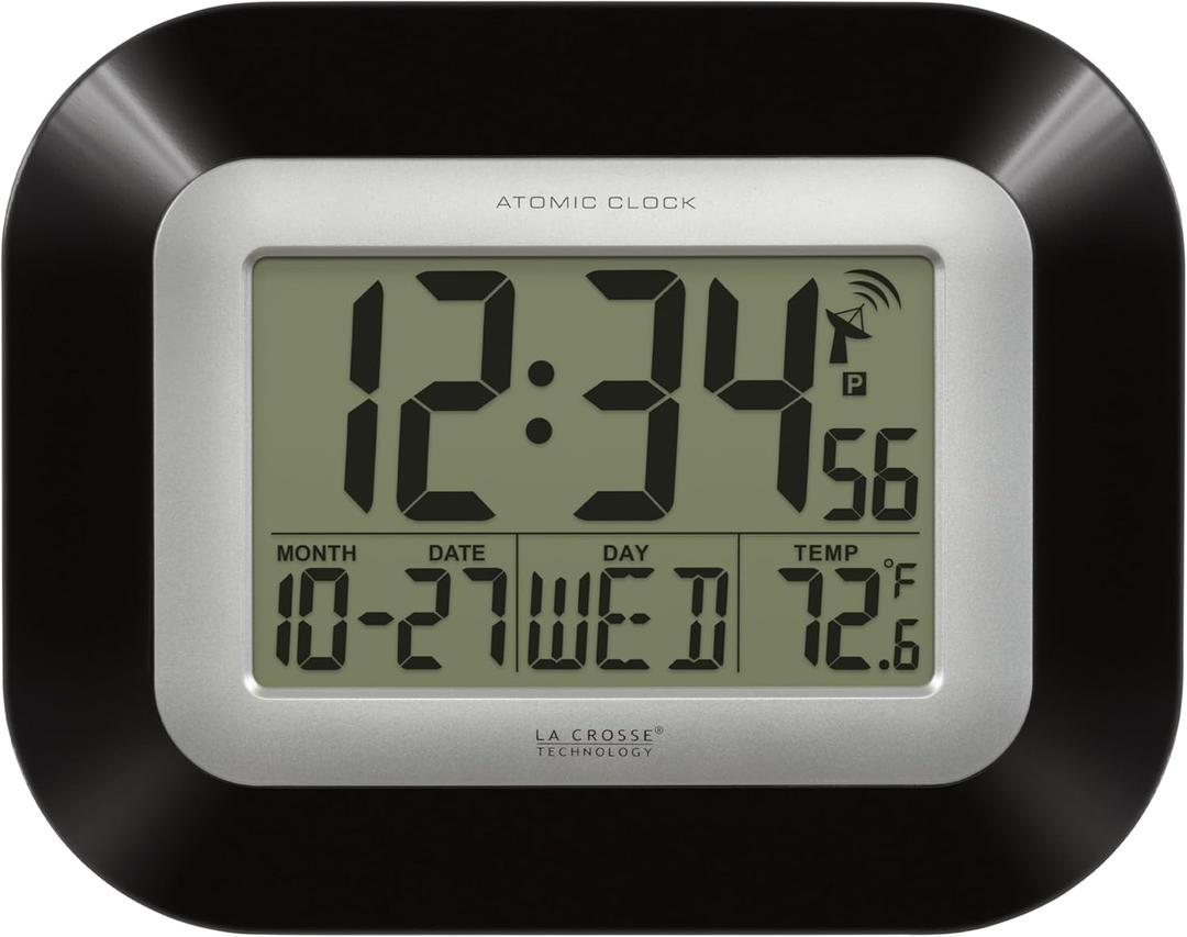 La Crosse Technology WT-8005U-B-INT Atomic Digital Wall Clock with Indoor Temperature, Black,