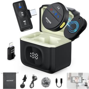NEEWER USB C Wireless Lavalier Microphone System Compatible with iPhone 16 15 Android Phone PC Laptop Noise Cancelling Mini Clip on Lapel Microphone Kit Charging Case for Vlog Recording, KM18