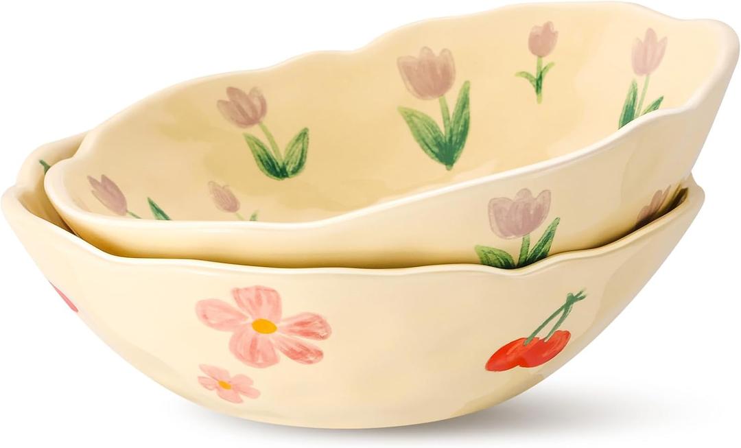only 1 Pack. Cute Fruit Bowl Ceramic Salad Bowls Pink Cherry and Purple Tulip Flower Bowl Kitchen Serving Soup Bowls Snack Dishes Popcorn Container - Microwave & Dishwasher Safe, Reusable, BPA Free, 14 oz
