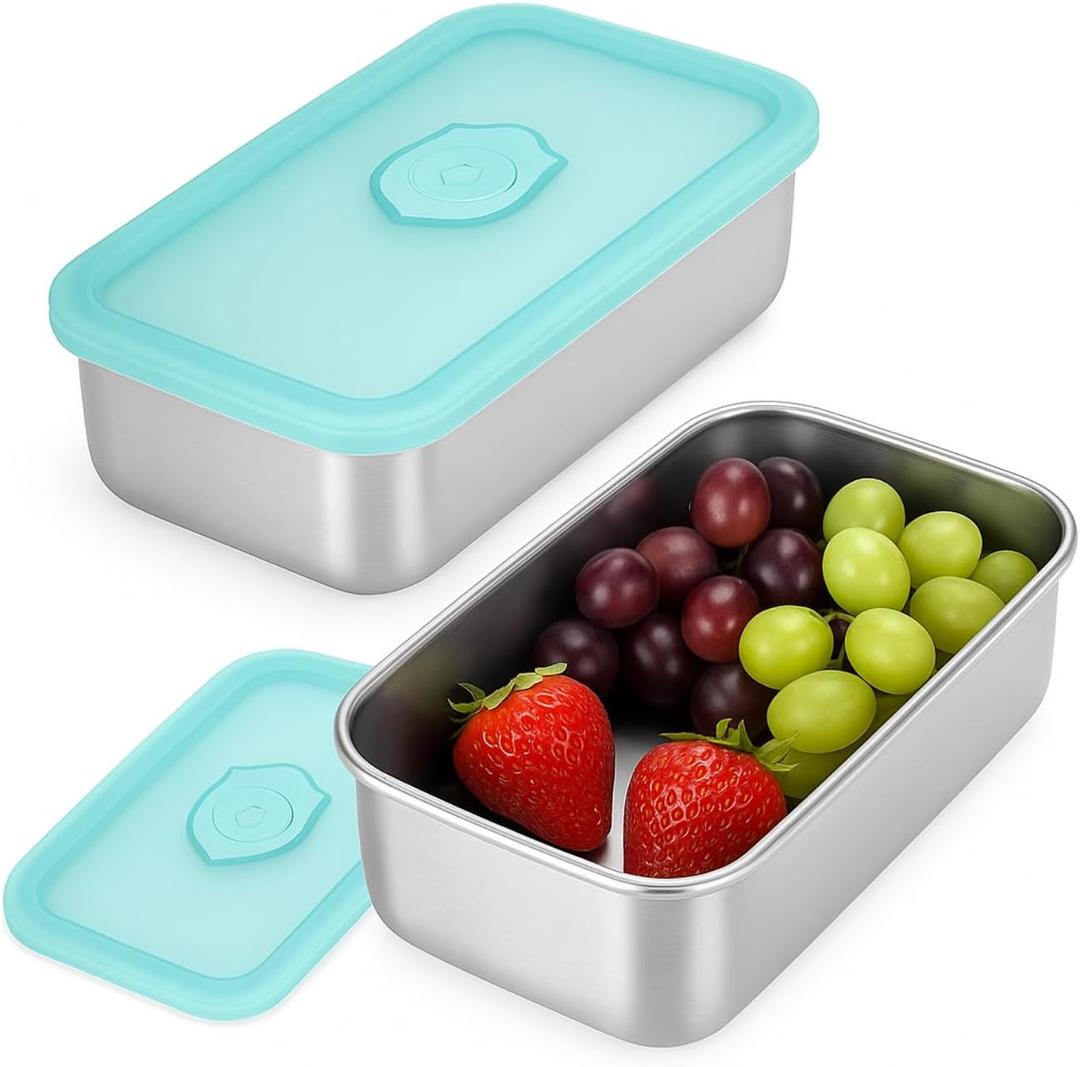 2 Pack Stainless Steel Snack Containers  Leakproof Reusable Bento Boxes with Lids for Food Storage, Travel, Work, Outdoor (Clear Lid/Silver Base, 1 Compartment)