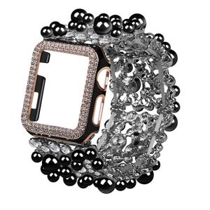 VIIVY VIYIV Bling Band with Case Compatible with Apple Watch Bands Series 9 8 7 SE 45mm 44mm 40mm 38mm 41mm 42mm for Women, Smart Watch Bracelet Straps with Starlight Cover, Pearl Dressy Cute Elastic
