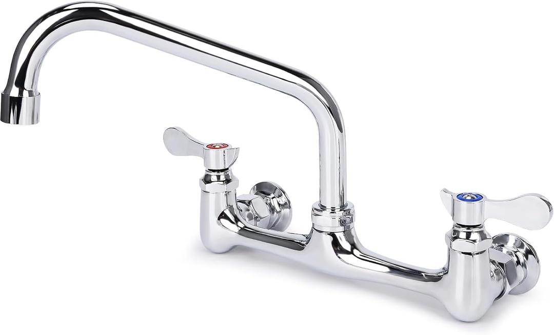 Wall Mount Kitchen Faucet 8" Center Commercial Sink Faucet with 8" Swivel Spout Dual Handles Brass Utility Sink Faucet for Laundry Room Restaurant Polish Chrome