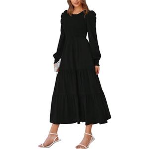 Black Long Sleeve Dress High Neck for Women Elegant Maxi A Line Long with Smocked Empire Waist Bohemian Flowy Tiered Design, Large