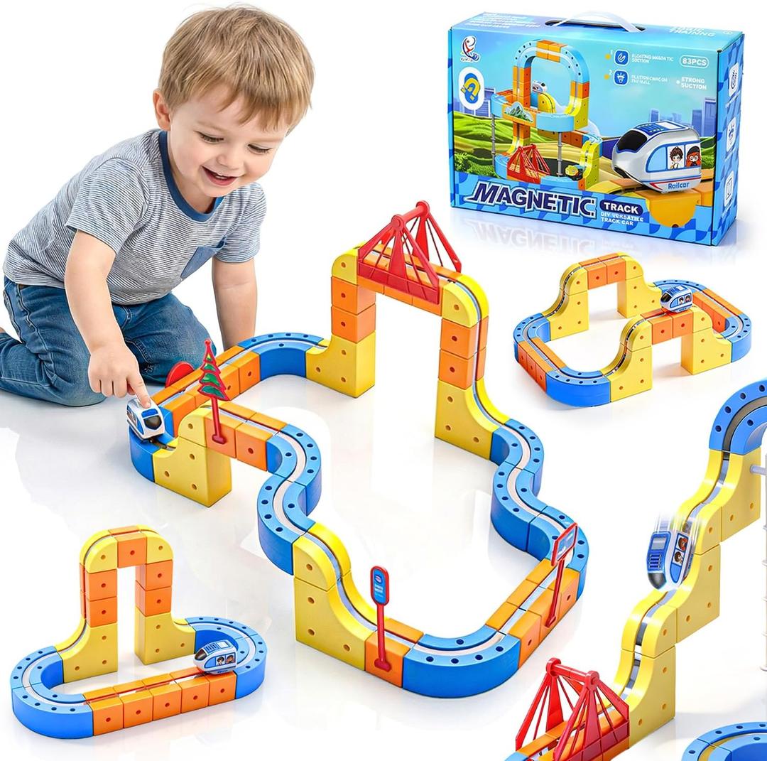 Electric Train Set for Kids 3 4 5 6 7 8, 3D Flexible Race Track 83 PCS Car Track for Toddlers 3-5, Magnetic Track Car Toys Gravity Defying Train Track Stem Learning Toy Gift Cube Track