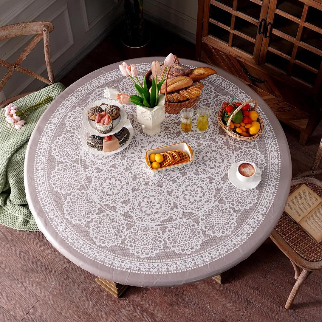 Round Fitted Tablecloth with Elastic Farmhouse Waterproof Oli Proof Table Cover Rustic Wipeable Vinyl Table Protector for Home Picnic Outdoor (Light Gray, 46"-55" Round Tight Fit)