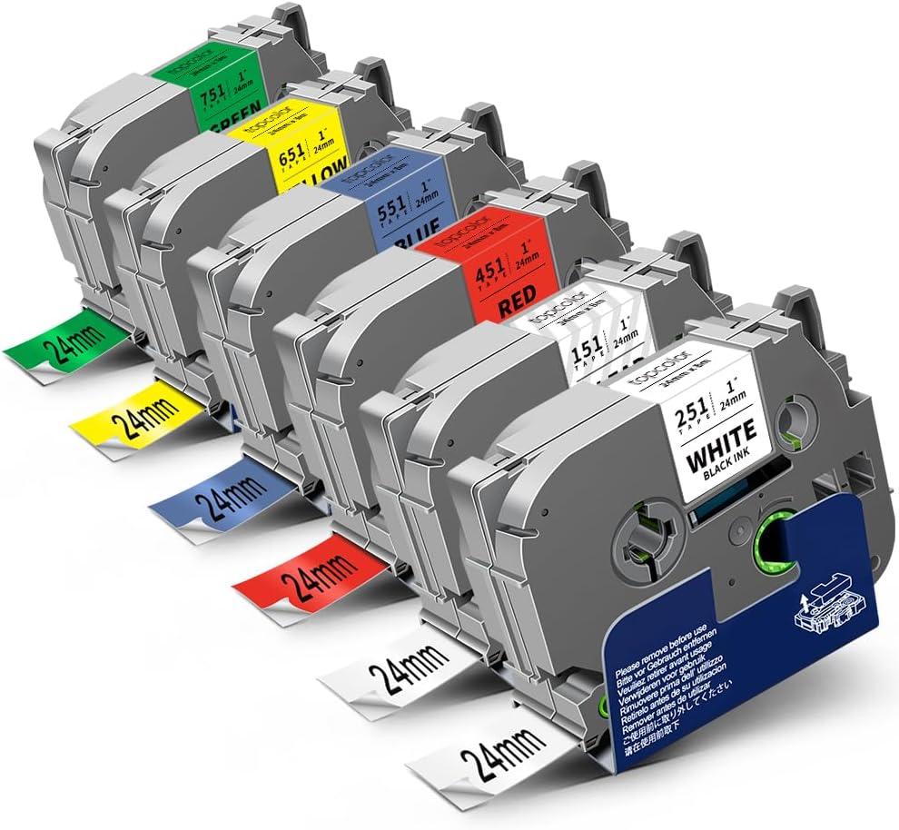 6-Pack 24mm 0.94" Laminated Tape Compatible for Brother 24mm Label Tape Tze-151 251 451 551 651 751 P Touch Tze Tz 1 Inch Multi-Color Label for PTD610BT PTD600 PTP710BT PTP750W PTP910BT (Black on Clear/White/Red/Blue/Yellow/Green)