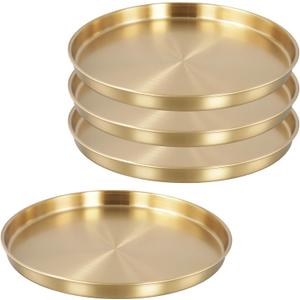 4 PCS Gold Round Tray, 11.8 Inch Stainless Steel Serving Tray Jewelry Dish Makeup Vanity Organizer, Gold Platter Circle for Countertop, Bathroom, Perfume