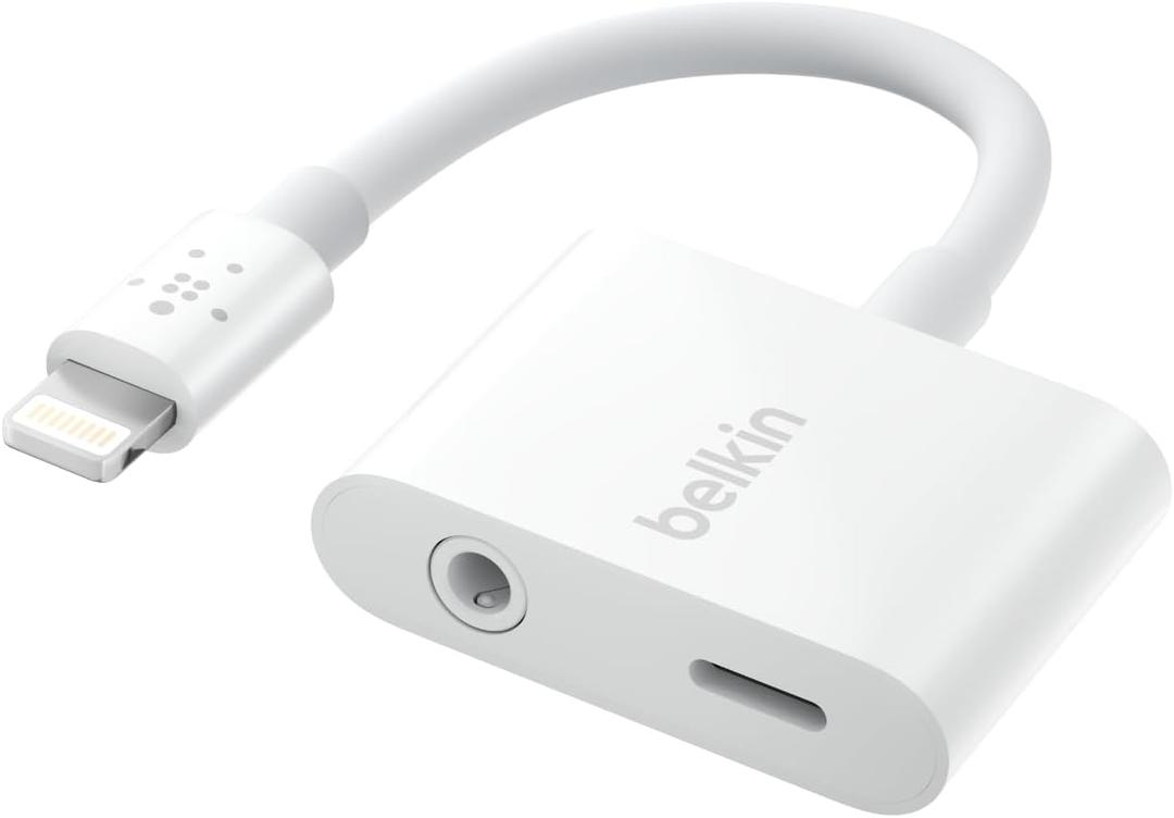 Belkin RockStar Lightning to 3.5mm Audio Cable + Audio Charger Splitter, 2-in-1 Aux iPhone Headphone and Charger Adapter - Compatible with iPhone 14, 13, 12, 11, X, and More - White