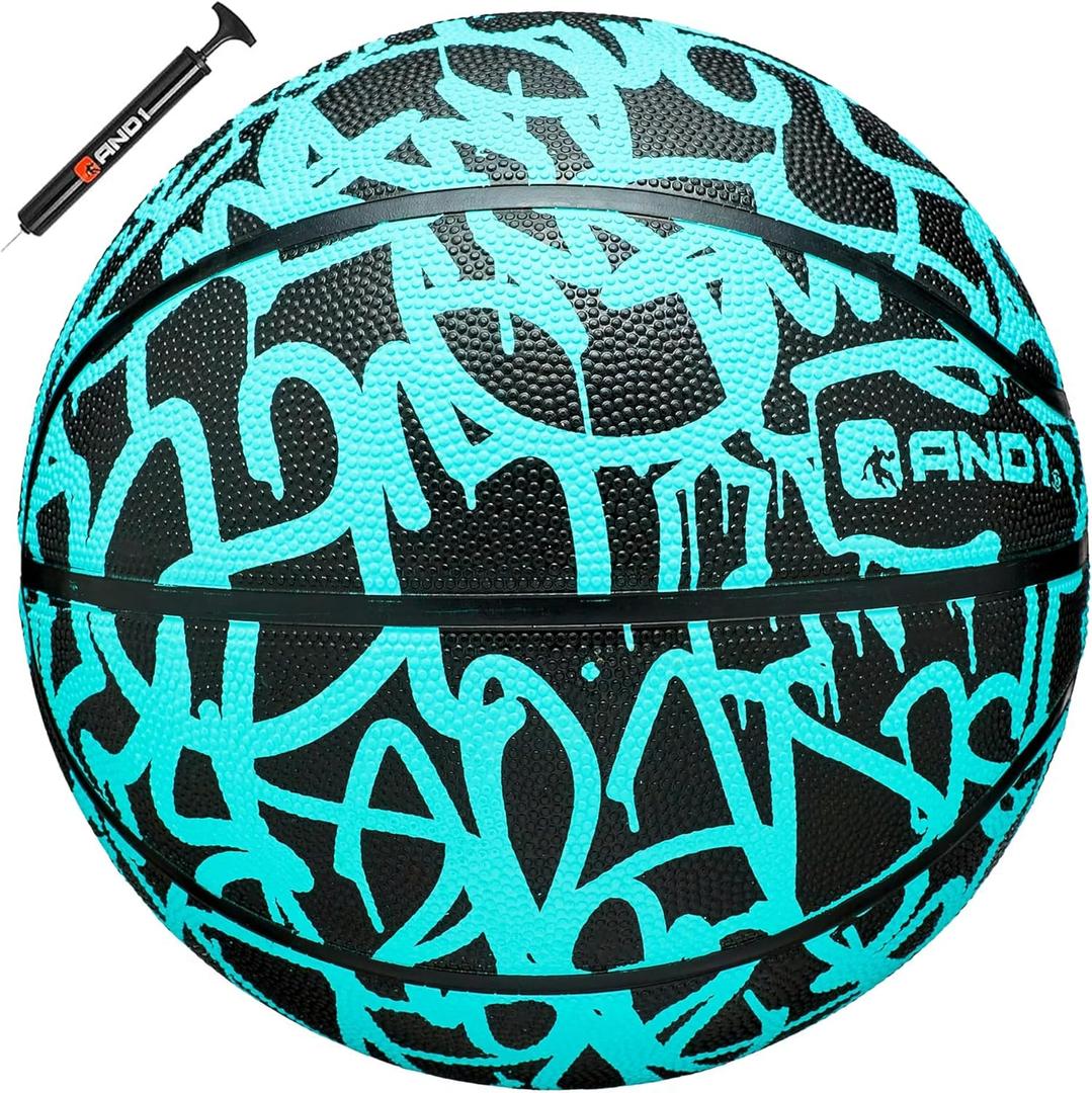 AND1 Fantom Graffiti Rubber Basketball - Streetball for Indoor and Outdoor Use, Deep Channel Construction and Durability (29.5 W/ Pump, Mint)
