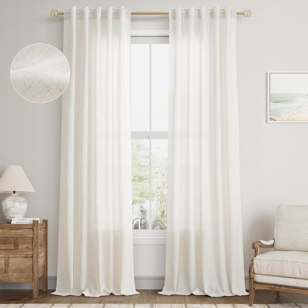 Natural Linen Sheer Curtains 84 inch Long for Living Room Bedroom Back Tab Light Filtering Privacy Farmhouse Rod Pocket Ivory Off White Neutral Drapes with Hooks 2 Panels Cream Beige