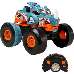 Hot Wheels Monster Trucks RC Toy, Remote-Control Transforming Rhinomite in 1:12 Scale & 1:64 Scale Race Ace, Converts into Launcher, Connects to Track