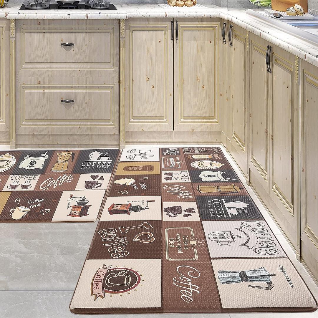 Coffee Kitchen Mats Sets 2 Piece Cushioned Anti Fatigue Kitchen Rugs,Farmhouse Kitchen Rugs Waterproof Non-Slip Comfort Mat for Kitchen, Home, Office, Laundry (Light Coffee), Size: 17"x30"+17"x47"--0.47 inches