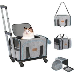 Western Home Cat Carrier with Wheels Airline Approved, Removable Expandable Rolling Pet Carrier for Puppy and Kitten with Telescopic Handle Suitable for Traveling/Hiking/Camping