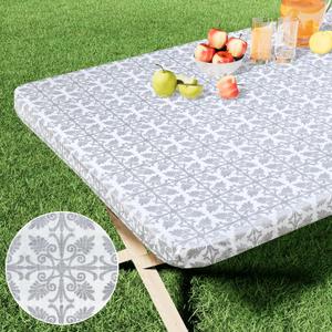 Rectangle Vinyl Table Cloth, Elastic Fitted Flannel Backed Tablecloth, Waterproof Plastic Table Cover Fits 8 Foot Folding Tables for Picnic, Camping, Outdoor (Silver Grey, 30" x 96")