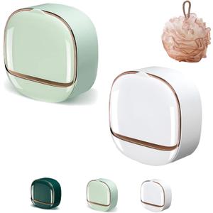 Luxury Soap Holder with Drain Tray, Soap Box Light Luxury Multi-Functional, Keep Soap Bars Dry, Adhesive Soap Case Box Wall Mounted for Shower (White+Light Green)