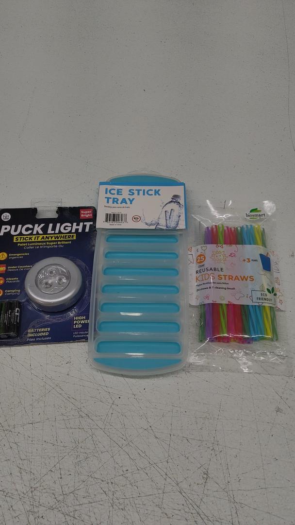 Set Of 3: Jacent Plastic Reusable Kids Straws Plus Cleaning Brush, 6 Inch: 24 Straws, Super Bright Puck Light - High Power LED - NWT, mm Ice Stick Tray