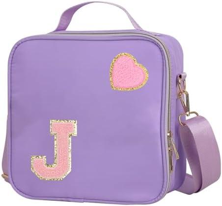 Pack of 3 Insulated Nylon Lunch Box for Girls, Kids, and Women-Stylish Purple Preppy Large Lunch Bag with Adjustable Strap and Chenille Letter 'J', Tote for School, Travel, and Picnics-Ideal Preppy Stuff Choice