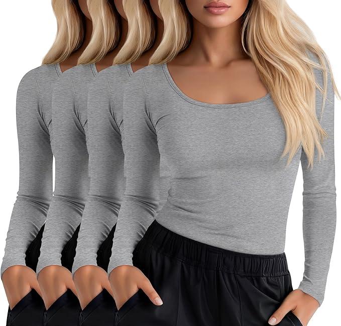 4 Pack Women's Underscrub T-Shirts, Long Sleeve 65% Cotton Tees Slim Fit Scrub Tops Scoop Neck Basic Layer Shirts S