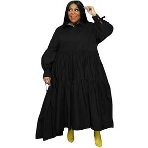 Adogirl Women's Plus Size Dress Fall Long Sleeve Button Down Ruffle Hem Bandage Oversized Loose Long Maxi Swing Dresses XL, Black