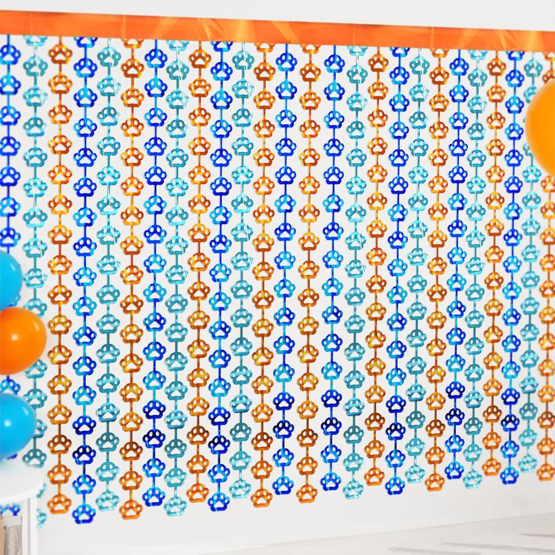 GCQQ Orange and Blue Party Decorations 2 Packs Foil Fringe Curtains 3.3x6.6ft Cute Dog Birthday Themed Backdrop with Paws for Baby Shower Decoration Photo Booth Prop