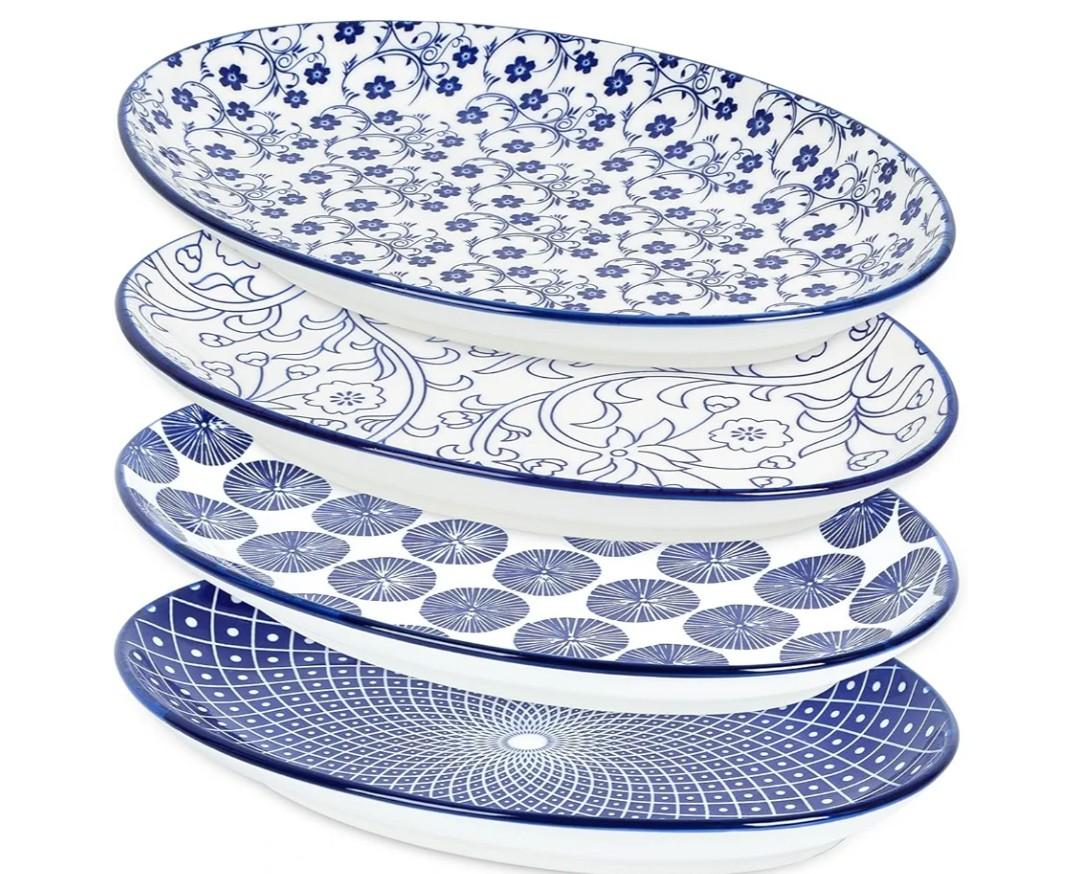 Selamica Serving Platters Ceramic, 12 Inch Serving Dishes for Party Entertaining, Oval Serving Plates for Sandwich, Appetizer, Fruit, Microwave Dishwasher Safe, Set of 4, Vintage Blue