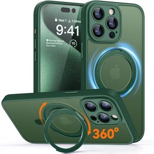 CANSHN 360° Spin Magnetic Stand for iPhone 15 Pro Max Case [Full Camera Protection] [Compatible with Magsafe] [Translucent Matte] Shockproof Protective Kickstand Phone Cover 6.7" - Deep Green