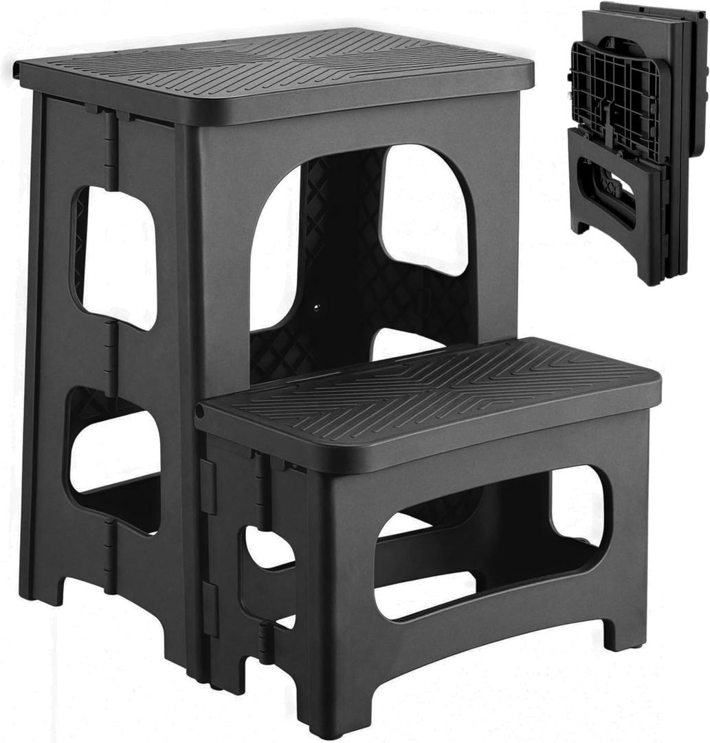 2 Step Stool Foldable, Non-Slip Steps, Folding Step Stool for Adults & Kids, Plastic Stool Pool Ladder, Collapsible Stools 2 Step Ladder for Kitchen Toilet Bedroom Office RV, Holds 330 lbs (Black)