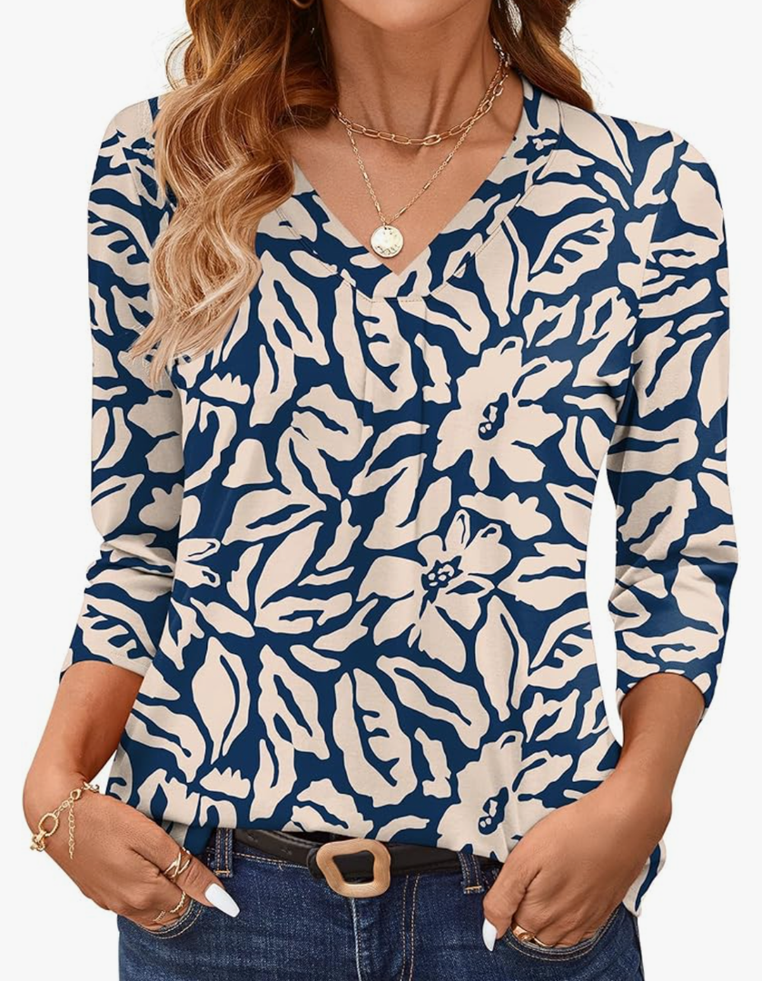 AKEWEI 3/4 Length Sleeve Womens Tops V Neck T Shirts Dressy Casual Pleated Spring Fashion 2026 Work Blouses S