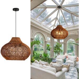 18.9IN Boho Rattan Chandelier 3-Lights Hand-Woven Rattan Pendant Light Farmhouse Wicker Dining Room Light Hanging Bamboo Pendant Light Fixture for Kitchen Island Living Room Hallway Reataurant, 13.9IN