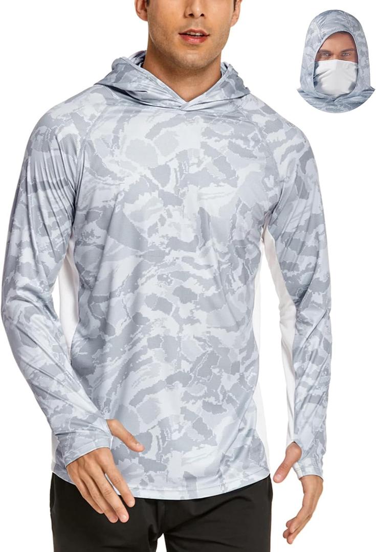 COOrun Men's Hooded Sun Shirts with Mask Fishing Shirts for Men Long Sleeve UPF 50 Rash Guards Cooling Hoodies Hiking Shirts (Medium, Grey)