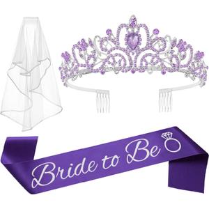 JETKONG 3 Pcs Bachelorette Party Decorations Bridal Shower Crown, Bride to Be Sash&Veil for Women Bachelorette Party Gifts, Bachelorette Party Supplies, Gifts, Favors (Purple)