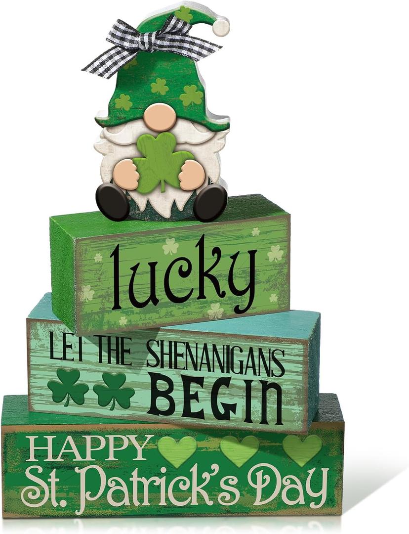4 Pcs St. Patrick's Day Table Decoration Irish Tiered Tray Decor Wooden Gnome Shamrocks Block Signs Happy St. Patrick's Day Centerpiece for Tables Irish Wooden Sign for Home Decor