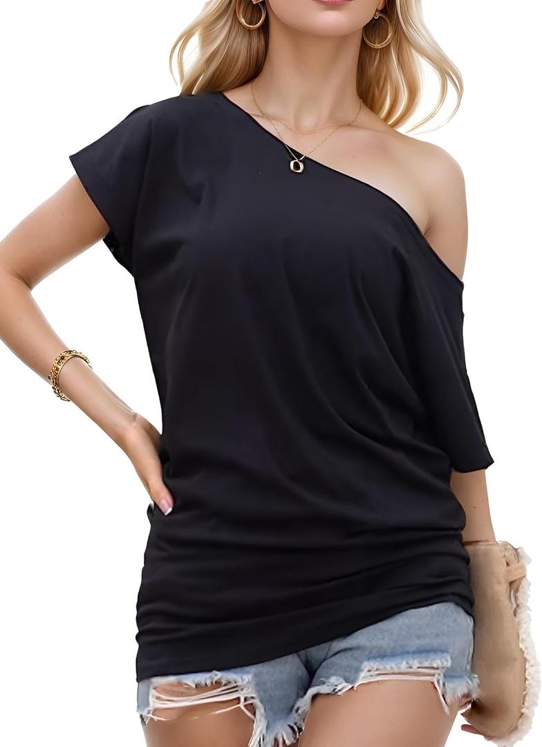 Teepie Off The Shoulder Tops for Women Short Sleeve Shirts Oversized Tshirts Date Night Flowy Boat Neck Tops XL