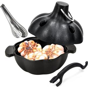 Cast Iron Garlic Roaster with Handle, Smoker Roaster, Garlic Cooker, Garlic Baker, Garlic Roasting Pot, Potato Baker, Mini Cocotte, Used in the Kitchen Oven or Outdoors on a BBQ Grill Stove (5.3")