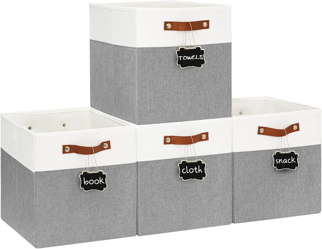 13x13 Storage Cubes 4-Pack, Large Foldable Fabric Cube Storage Bin with Reinforced Bottom and Labels, Organizer Baskets for Shelves, Closets(White/Gray)