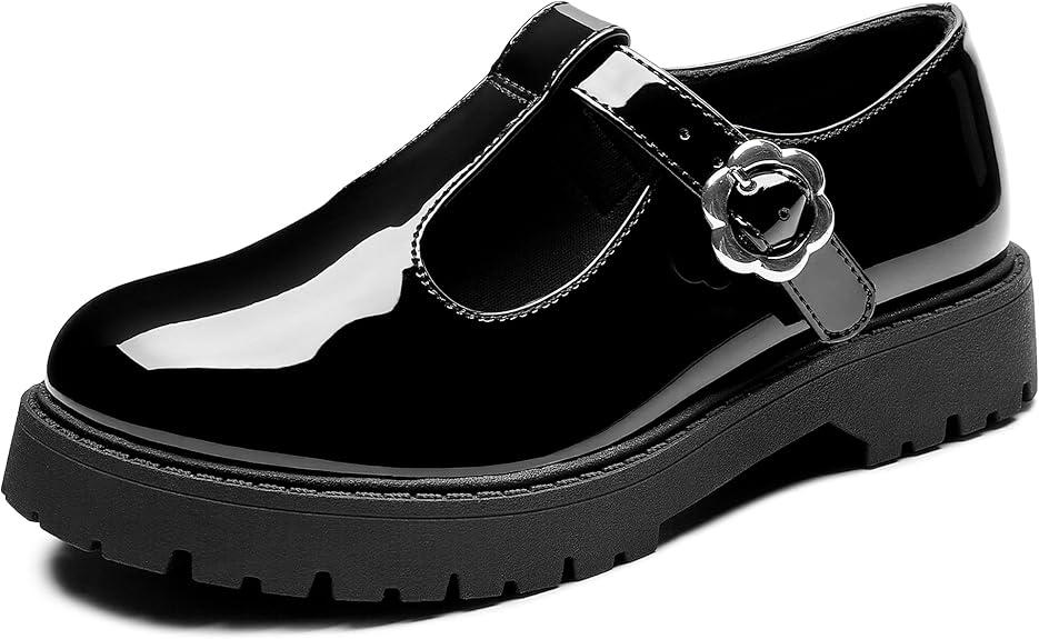MIXIN Girls Mary Janes Chunky Platform School Uniform Dress Shoes Comfortable T-Strap Loafers for Little/Big Kids, 12