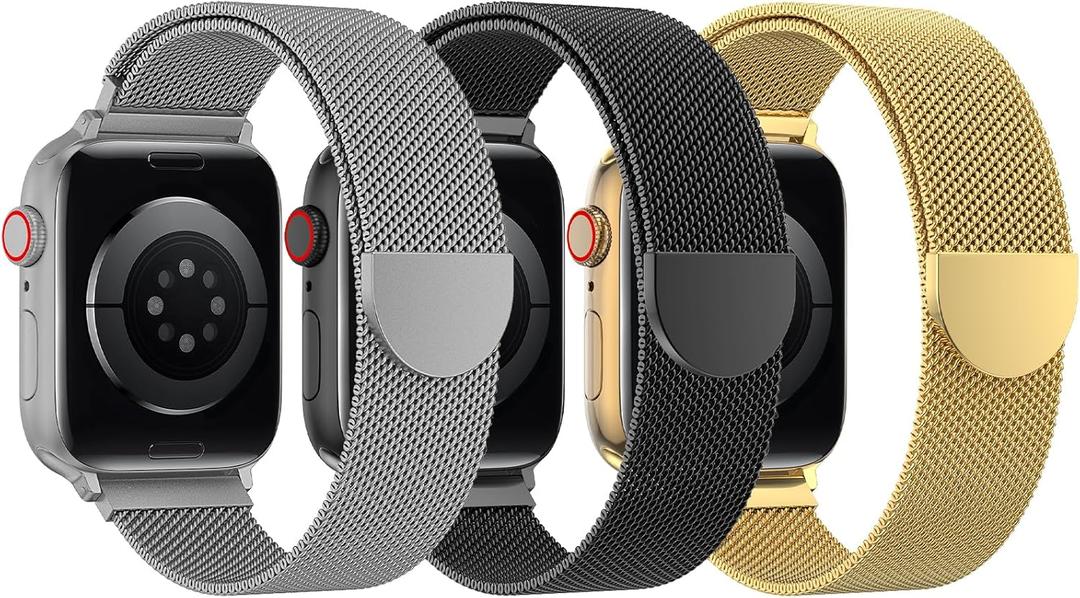 BELONGME 3 Pack Mesh Loop Compatible with Apple Watch Bands for Women Men 42mm/44mm/45mm/49mm/46mm(series 11 10), Stainless Steel Metal Magnetic Strap for iWatch (Titanium+Black+Gold)