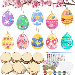 Fennoral 50 Pack Wooden Easter Craft Kit - Make Your Own Easter Egg Hanging Ornaments DIY Art and Craft for Girls & Boys