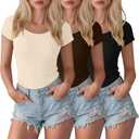 3 Pack Women's Short Sleeve Bodysuit Ribbed Crew Neck T Shirts Cotton Leotards Summer Basic Slim Fit Body Suit Tops (M)